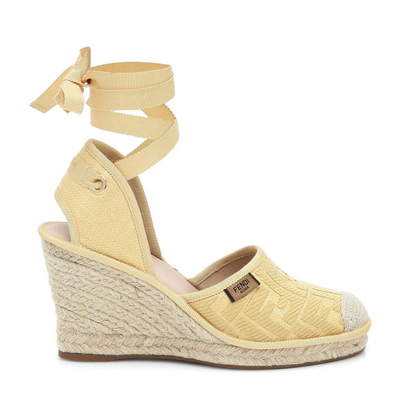 Fendi Roma Natural FF Logo Ankle Strap Lace Up Sandal Espadrille Wedge Heel 36.5 - Picture 1 of 12